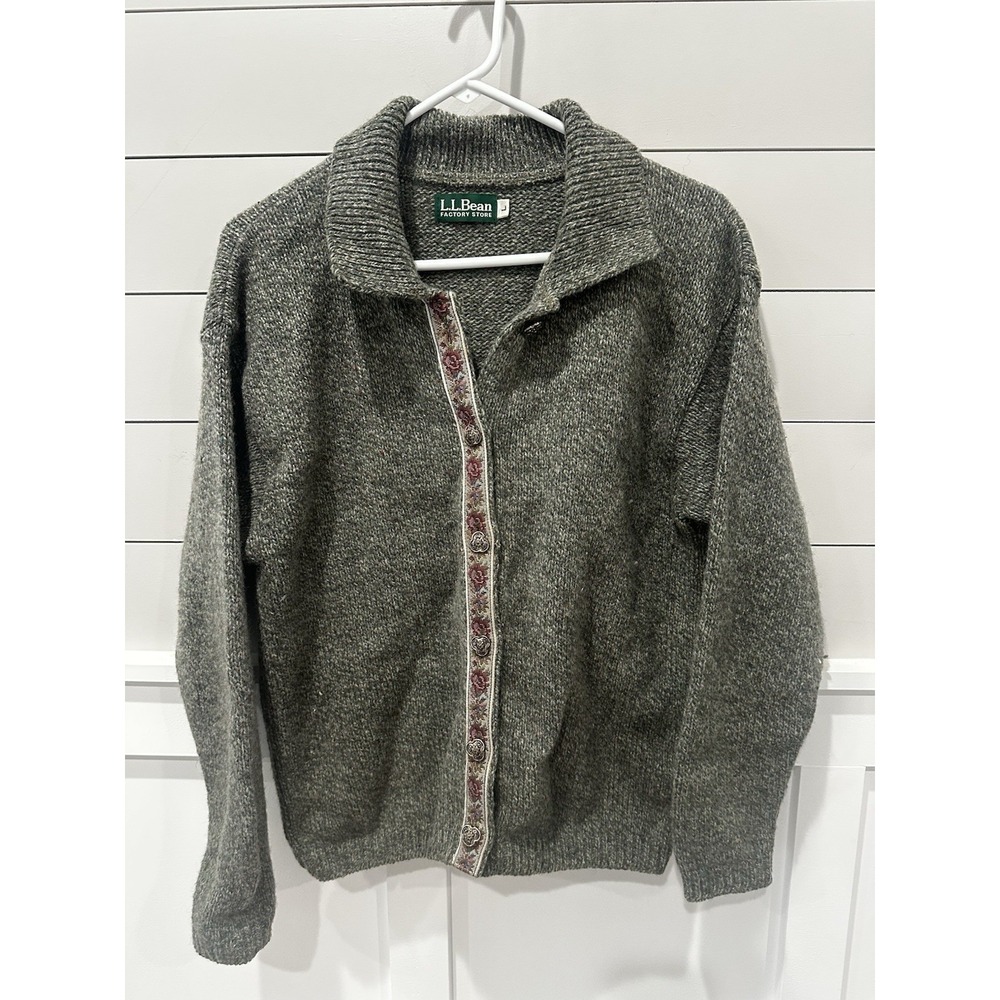 LL Bean Vintage Birds Eye Wool Cardigan Sweater Red Trim Silver Buttons Large